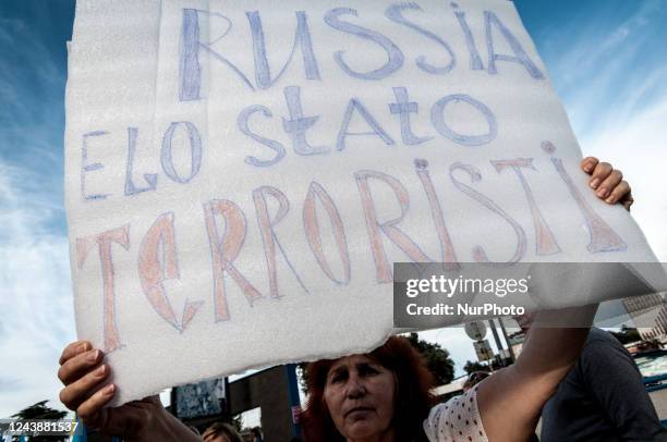 Ukrainian citizens demonstrate in the vicinity of the Embassy of the Russian Federation, at the metro station of Casto Petrolio against the 10...