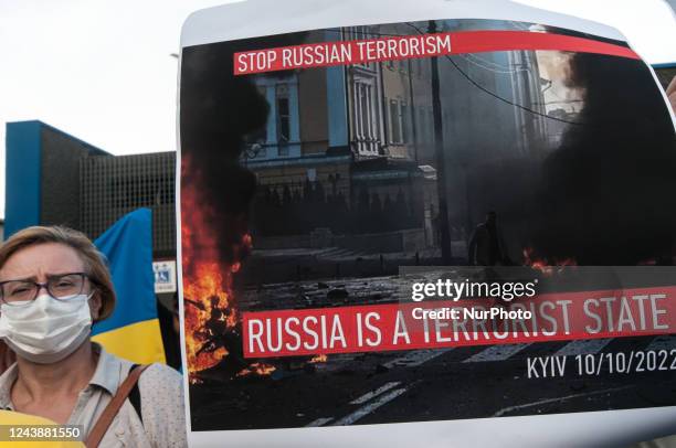 Ukrainian citizens demonstrate in the vicinity of the Embassy of the Russian Federation, at the metro station of Casto Petrolio against the 10...