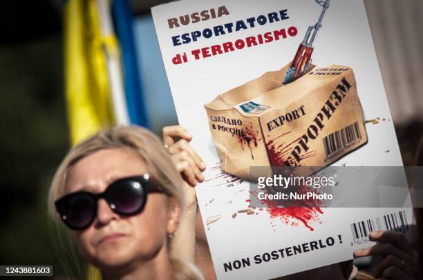 Ukrainian citizens demonstrate in the vicinity of the Embassy of the Russian Federation, at the metro station of Casto Petrolio against the 10...