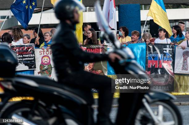 Ukrainian citizens demonstrate in the vicinity of the Embassy of the Russian Federation, at the metro station of Casto Petrolio against the 10...