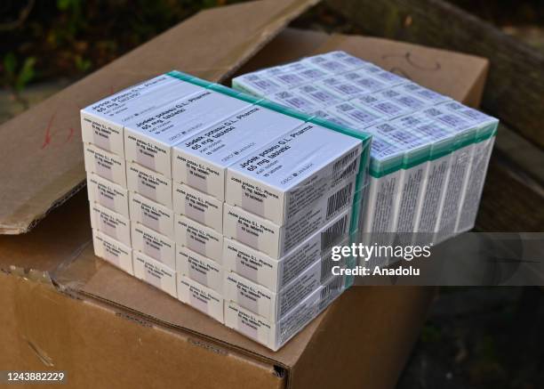 Box of iodine tablets seen outside the town office in Milanowek, Poland on October 10, 2022. The Pharma 65 mg drug is a prescription medicine that is...