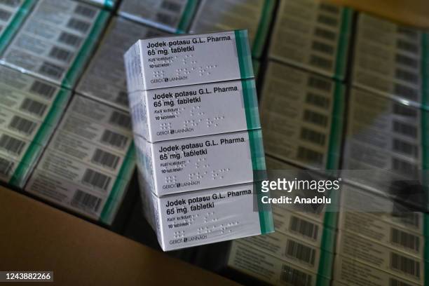 Box of iodine tablets seen at the Milanowek Fire station, one of the distribution points, in Milanowek, Poland on October 10, 2022. The Pharma 65 mg...