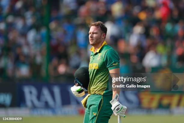 David Miller of South Africa walk back after getting out by Washington Sundar of India during the 3rd One Day International match between India and...