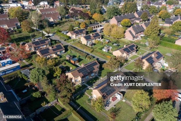 Aerial drone picture shows the start of the Aster project, aiming to put 395.000 solar panels on social housing, Tuesday 11 October 2022 in...