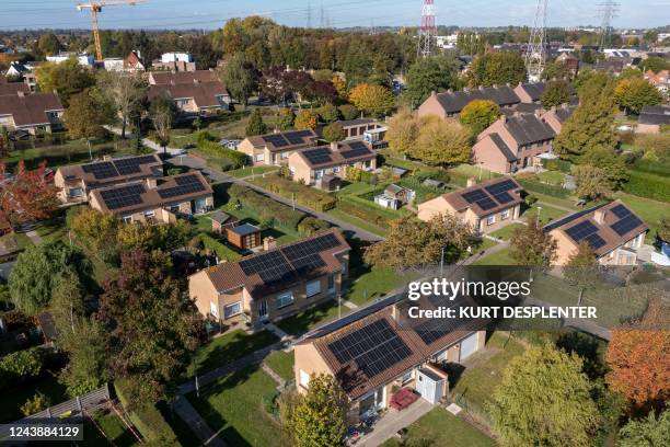 Aerial drone picture shows the start of the Aster project, aiming to put 395.000 solar panels on social housing, Tuesday 11 October 2022 in...