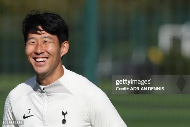 Tottenham Hotspur's South Korean striker Son Heung-Min takes part in a team training session at Tottenham Hotspur Football Club Training Ground in...