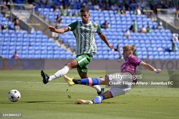 Nicolo Turco of Juventus in action during the UEFA Youth League match between Maccabi Haifa FC and Juventus at Netanya Stadium on October 11, 2022 in...