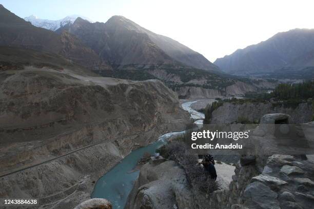 General view of Hunza River located in Gilgit-Baltistan province of Pakistan on October 11, 2022. Surrounded by high mountains over 6 to 7 thousand...