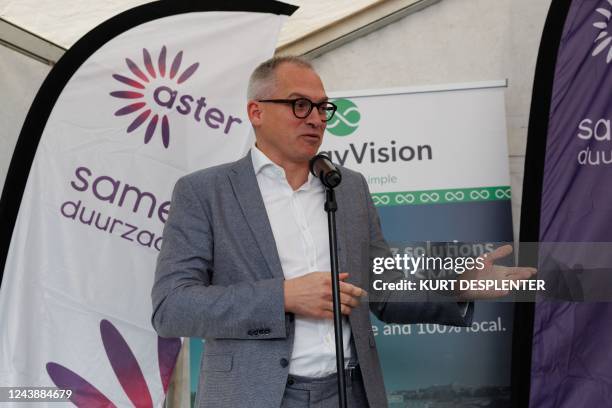 Flemish Minister of Finance, Budget and Housing Matthias Diependaele delivers a speech at the start of the Aster project, aiming to put 395.000 solar...