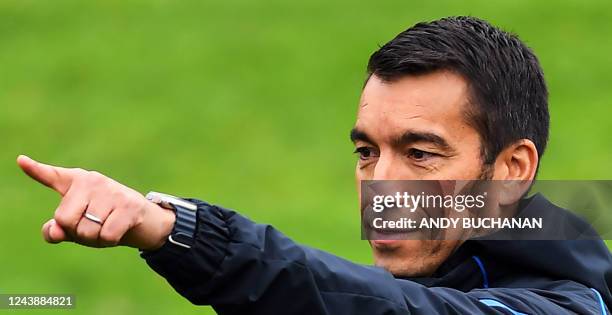 Rangers' Dutch manager Giovanni van Bronckhorst leads a team training session at at the Rangers Training Centre in Milngavie, on October 11, 2022 on...