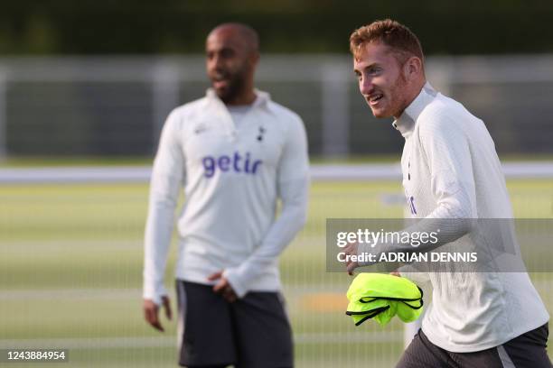 Tottenham Hotspur's Swedish midfielder Dejan Kulusevski takes part in a team training session at Tottenham Hotspur Football Club Training Ground in...