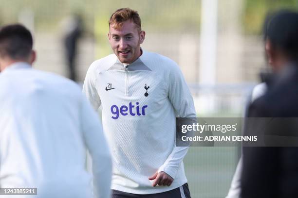 Tottenham Hotspur's Swedish midfielder Dejan Kulusevski takes part in a team training session at Tottenham Hotspur Football Club Training Ground in...