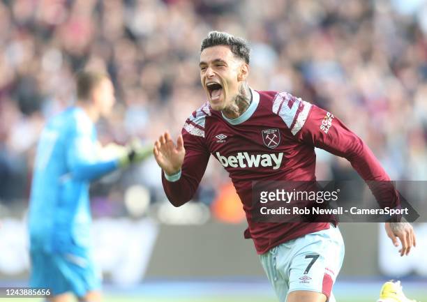 West Ham United's Gianluca Scamacca celebrates scoring his side's second goal during the Premier League match between West Ham United and Fulham FC...