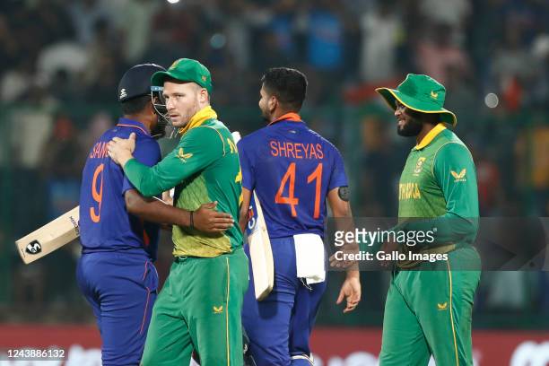 Shreyas Iyer of India and Sanju Samson of India celebrate the victory during the 3rd One Day International match between India and South Africa at...