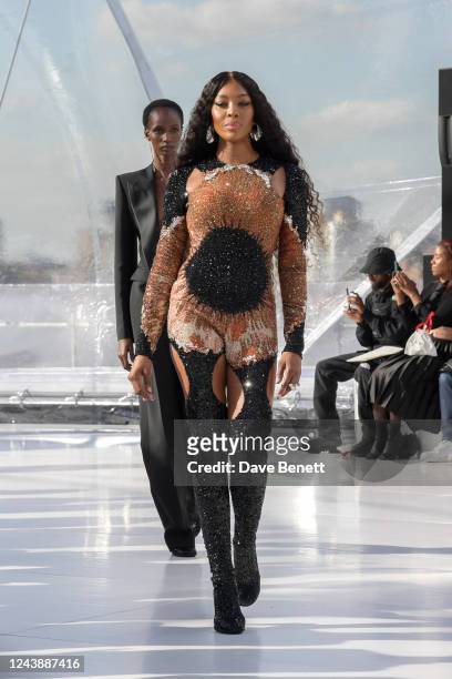 Naomi Campbell walks the runway at the Alexander McQueen SS23 Womenswear show at the Old Royal Naval College on October 11, 2022 in Greenwich,...