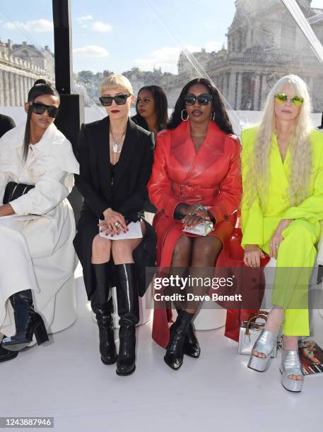 Ramla Ali, Pom Klementieff, Tiwa Savage and Kristen McMenamy attend the Alexander McQueen SS23 Womenswear show at the Old Royal Naval College on...