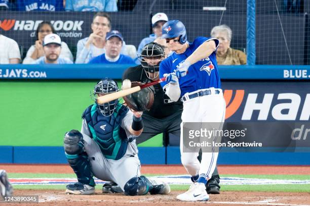 Toronto Blue Jays Infield Matt Chapman bats during the MLB baseball postseason Wild Card game 1 between the Seattle Mariners and the Toronto Blue...