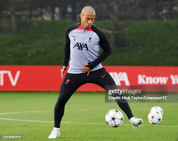 Thiago Alcantara of Liverpool during a training session ahead of their UEFA Champions League group A match against Rangers FC at Anfield on October...