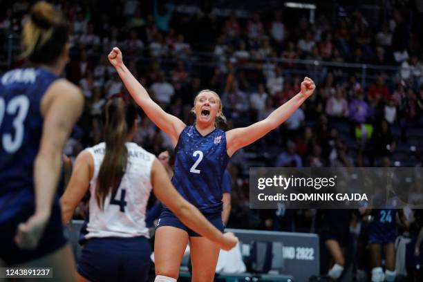 S Jordyn Poulter celebrates during the Women's Volleyball World Championships quarter-final match between USA and Turkey in Gliwice, Poland on...