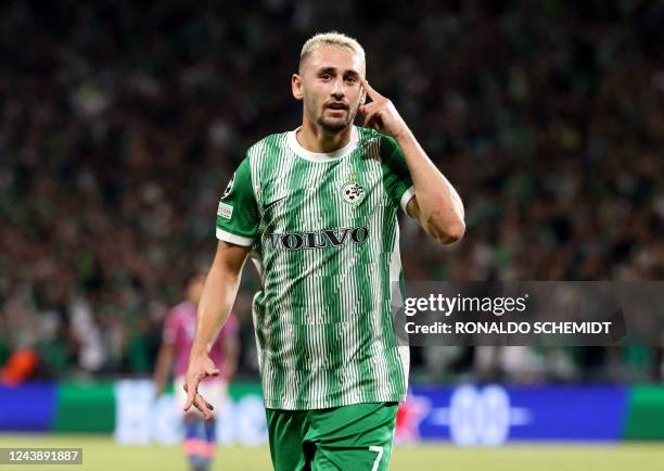 Maccabi Haifa's Israeli midfielder Omer Atzili celebrates his second goal during the UEFA Champions League group H football match between Israel's...