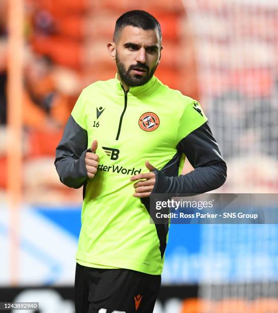 Dundee Utd's Aziz Behich warming up before a cinch Premiership match between Dundee United and Hibernian at Tannadice, on Ocrober 11 in Dundee,...