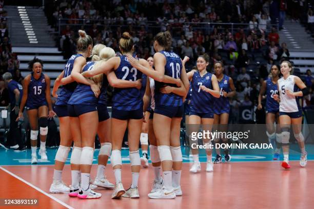 Team USA celebrates during the Women's Volleyball World Championships quarter-final match between USA and Turkey in Gliwice, Poland on October 11,...