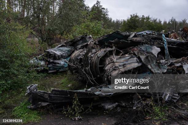 The remains of a Russian Sukhoi Su-34 supersonic fighter bomber that was downed during fighting to recapture the strategic eastern town of Lyman are...