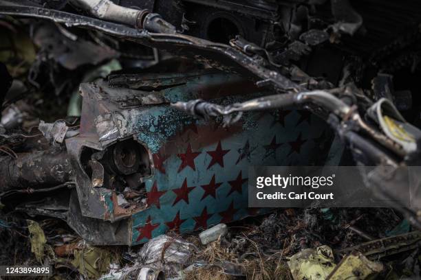 Stars marking the number of combat sorties undertaken are displayed on the remains of a Russian Sukhoi Su-34 supersonic fighter bomber that was...