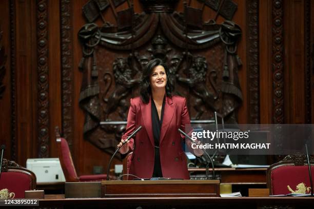 President of the Belgian Senate Stephanie D'Hose speaks during a plenary session of the Senate at the federal parliament, in Brussels, on October 11,...