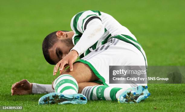 Celtics Liel Abada is forced off with a first half injury to his knee during a UEFA Champions League Group F match between Celtic and RB Leipzig at...