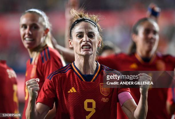 Spain's forward Esther Gonzalez celebrates after scoring his team's second goal during the women's international friendly football match between...
