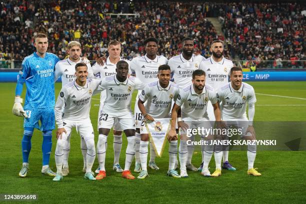 Team Real Madrid lines up ahead of the start of the UEFA Champions League group F football match Shakhtar Donetsk vs Real Madrid in Warsaw, Poland,...