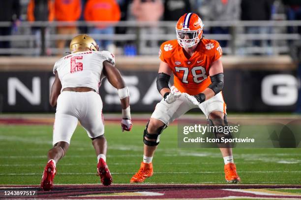 Clemson Tigers Offensive Lineman Blake Miller looks to block Boston College Eagles Defensive End Donovan Ezeiruaku during the second half of the...