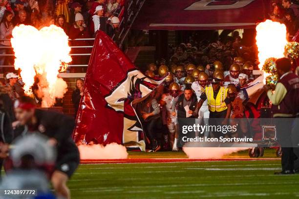 Boston College Eagles Head Coach Jeff Hafley leads his team onto the field prior to the college football game between the Clemson Tigers and the...