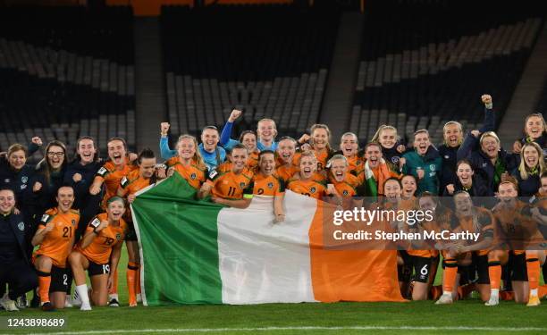 Scotland , United Kingdom - 11 October 2022; Republic of Ireland players and staff celebrate after the FIFA Women's World Cup 2023 Play-off match...