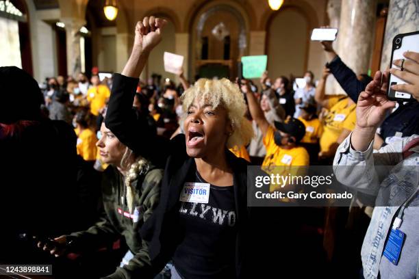 Protestors at the Los Angeles City Council meeting in the Council Chamber at Los Angeles City Hall on Tuesday, Oct. 11, 2022 in Los Angeles, CA....