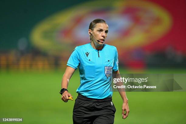 Referee, Stephanie Frappart during the 2023 FIFA Women's World Cup play-off round 2 match between Portugal v Iceland at Estadio Capital do Movel on...