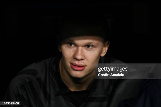Manchester City's striker Erling Haaland looks on prior to the UEFA Champions League football match between FC Copenhagen and Manchester City at...