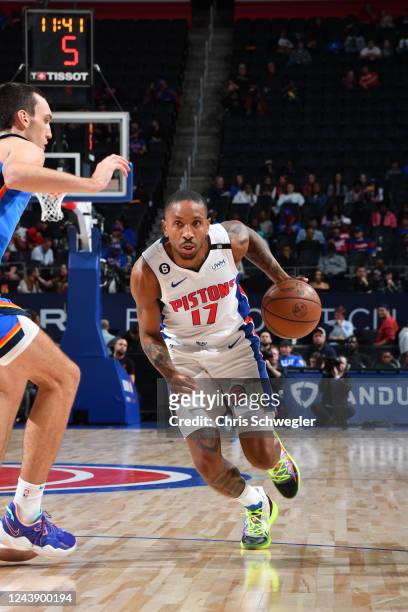 Rodney McGruder of the Detroit Pistons drives to the basket during the game against the Oklahoma City Thunder on October 11, 2022 at Little Caesars...