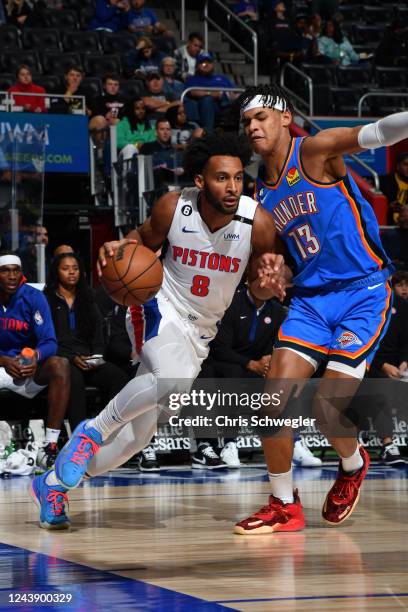 Braxton Key of the Detroit Pistons drives to the basket during the game against the Oklahoma City Thunder on October 11, 2022 at Little Caesars Arena...