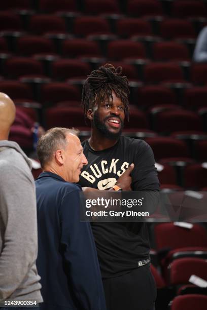 DeMarre Carroll of the Milwaukee Bucks smiles before a preseason game against the Chicago Bulls on October 11, 2022 at the United Center in Chicago,...