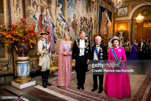Queen Maxima of The Netherlands, King Willem-Alexander of The Netherlands, King Carl Gustaf XVI of Sweden and Queen Silvia of Sweden during the state...