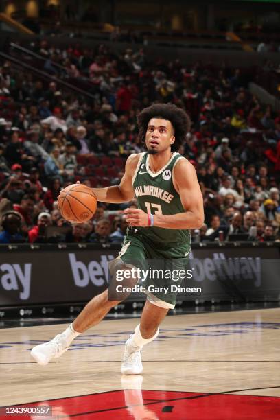 Jordan Nwora of the Milwaukee Bucks drives to the basket against the Chicago Bulls during a preseason game on October 11, 2022 at the United Center...