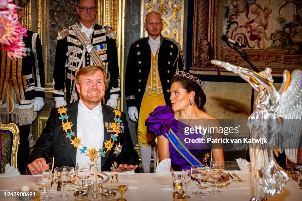 King Willem-Alexander of The Netherlands and Crown Princess Victoria of Sweden during the state banquet at the first day of the Dutch State visit to...