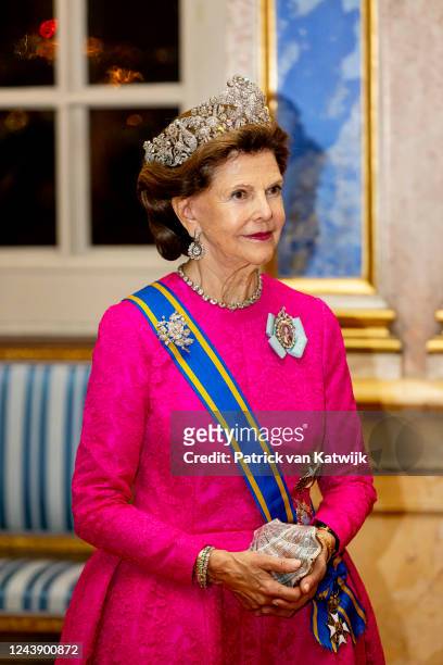 Queen Silvia of Sweden during the state banquet at the first day of the Dutch State visit to Sweden on October 11, 2022 in Stockholm, Sweden.