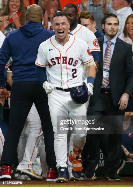 Houston Astros third baseman Alex Bregman reacts after the team earns a walk-off 8-7 win following a three run home run by Houston Astros left...