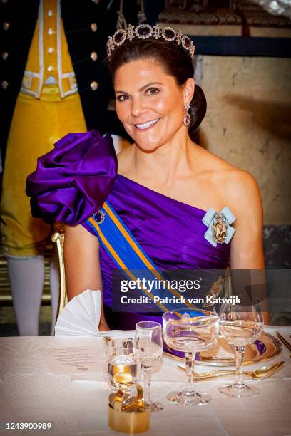 Crown Princess Victoria of Sweden during the state banquet at the first day of the Dutch State visit to Sweden on October 11, 2022 in Stockholm,...