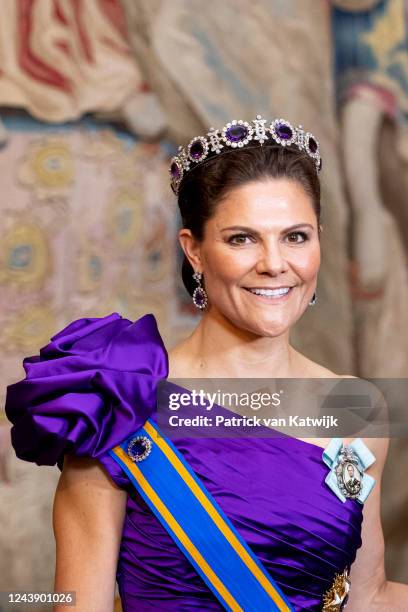 Crown Princess Victoria of Sweden during the state banquet at the first day of the Dutch State visit to Sweden on October 11, 2022 in Stockholm,...