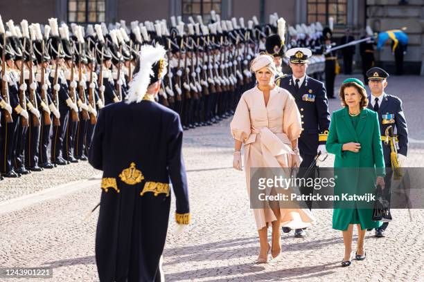 Queen Maxima of the Netherlands and Queen Silvia of Sweden during the official welcome ceremony on the first day of the Dutch State visit to Sweden...