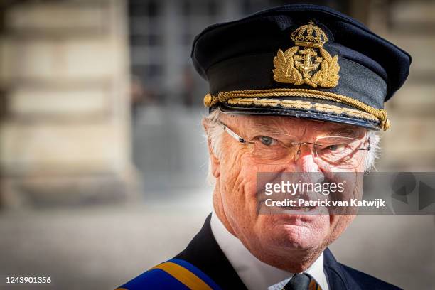 King Carl Gustaf XVI of Sweden during the official welcome ceremony on the first day of the Dutch State visit to Sweden on October 11, 2022 in...